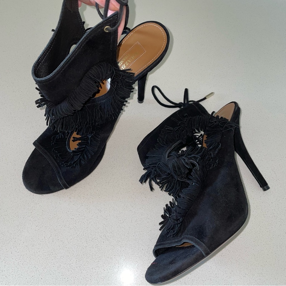 Aquazzura Suede Fringe Black Heels Size 39.5